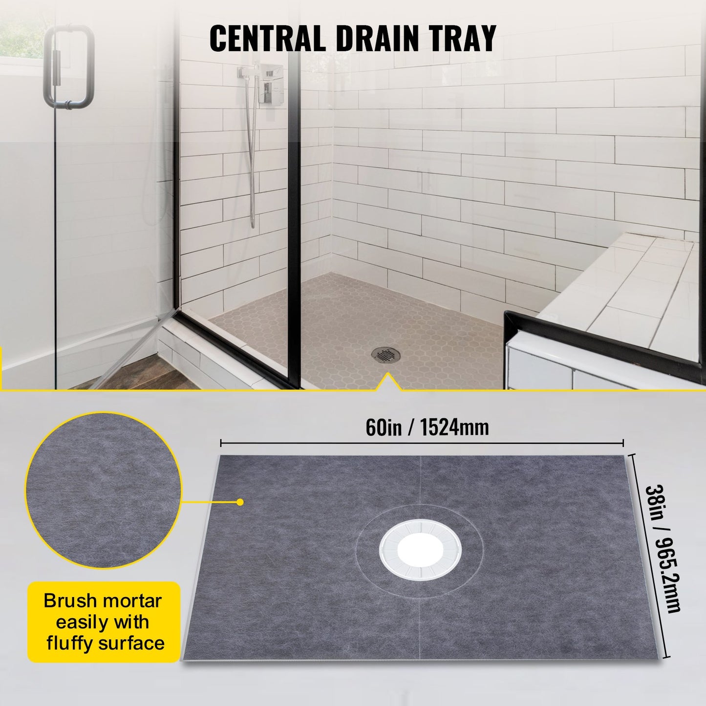 Shower Curb Kit, 38\"x60\" Watertight Shower Curb Overlay With 4\" ABS Central Bonding Flange, 4\" Stainless Steel Grate, 2 Cuttable Shower Curb And Trowel, Shower Pan Slope Sticks Fit For Bathr