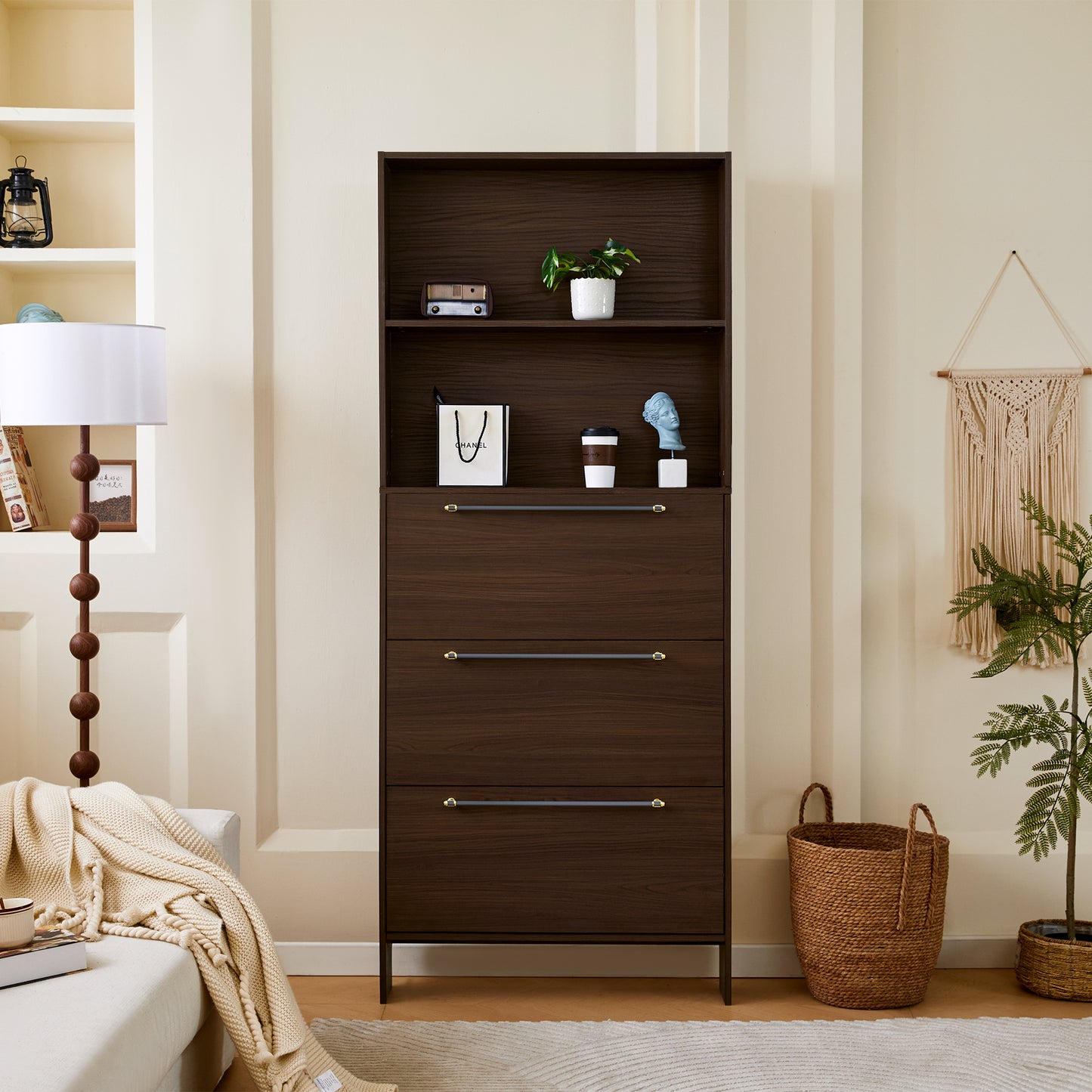 12 Pair Shoe Organizer, Narrow Shoe Cabinet With 3 Flip Drawers, 78.75  Tall Shoe Rack With Open Shelves And Storage, For Entryway Hallway, Porch, Living Room - Walnut