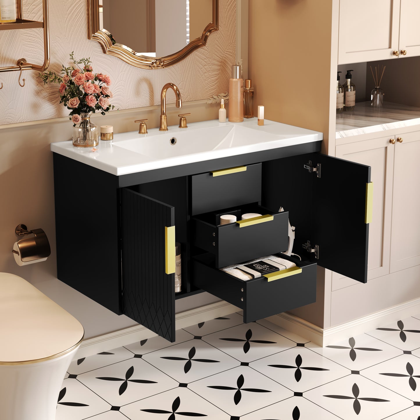 36 Wall Mounted Bathroom Vanity With Resin Sink, Floating Bathroom Storage Cabinet With 2 Drawers, Solid Wood Bathroom Cabinet