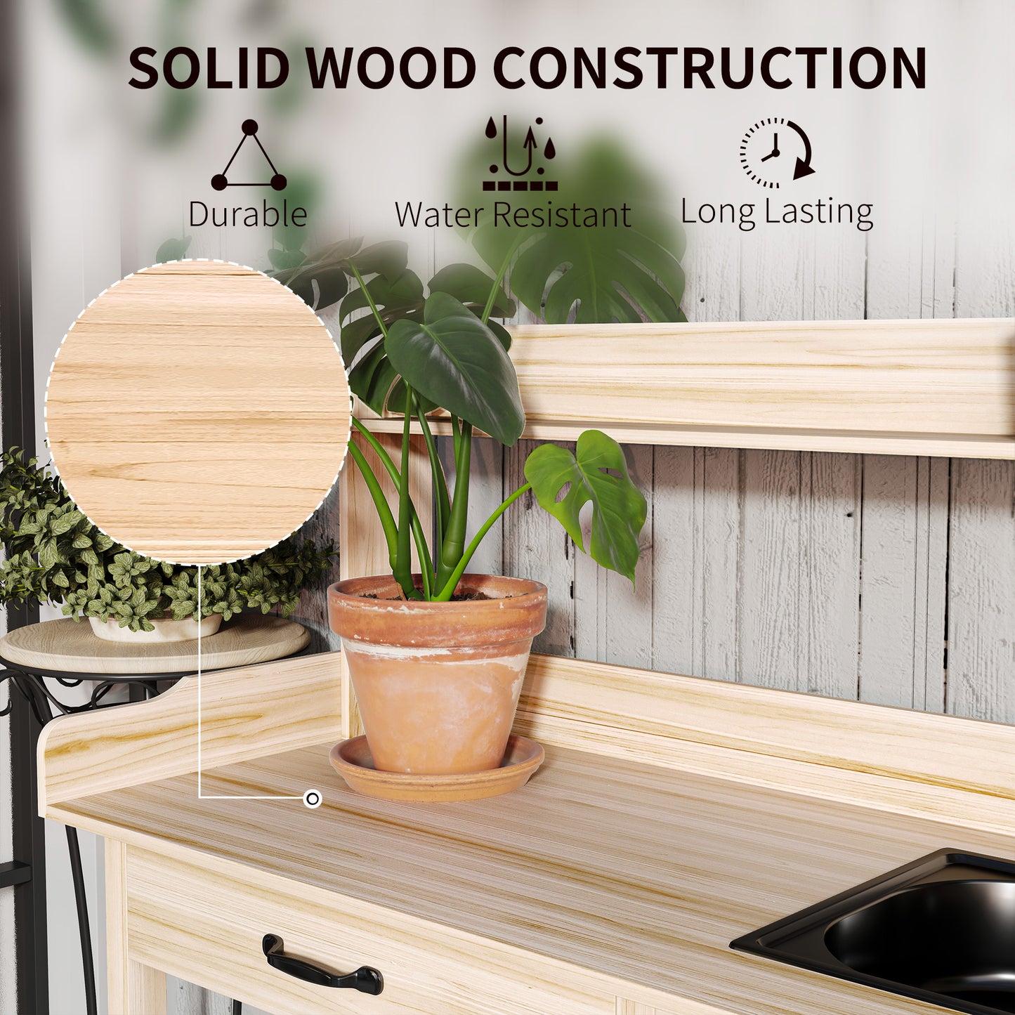 Potting Bench Table with Sink, Outdoor Work Bench Table with Storage Cabinet, Hooks, Removable Sink, Faucet and Drawer for Greenhouse, Garden, Patio, Natural Wood
