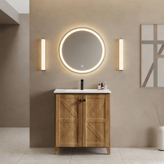 30inch Golden Oak Folding Floor Cabinet With Ceramic Sink- Patented 1-Minute Install  Space-Saving & Easy Assemble American Style