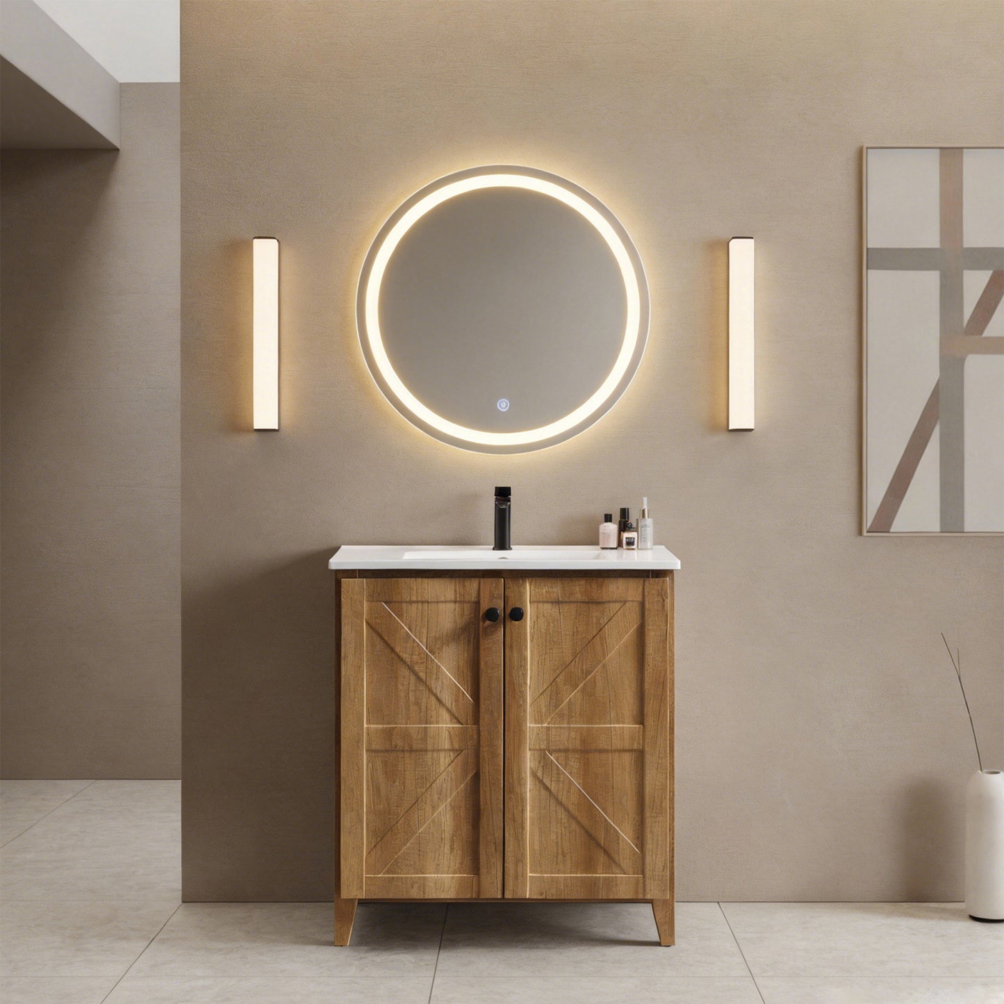 30inch Golden Oak Folding Floor Cabinet With Ceramic Sink- Patented 1-Minute Install  Space-Saving & Easy Assemble American Style