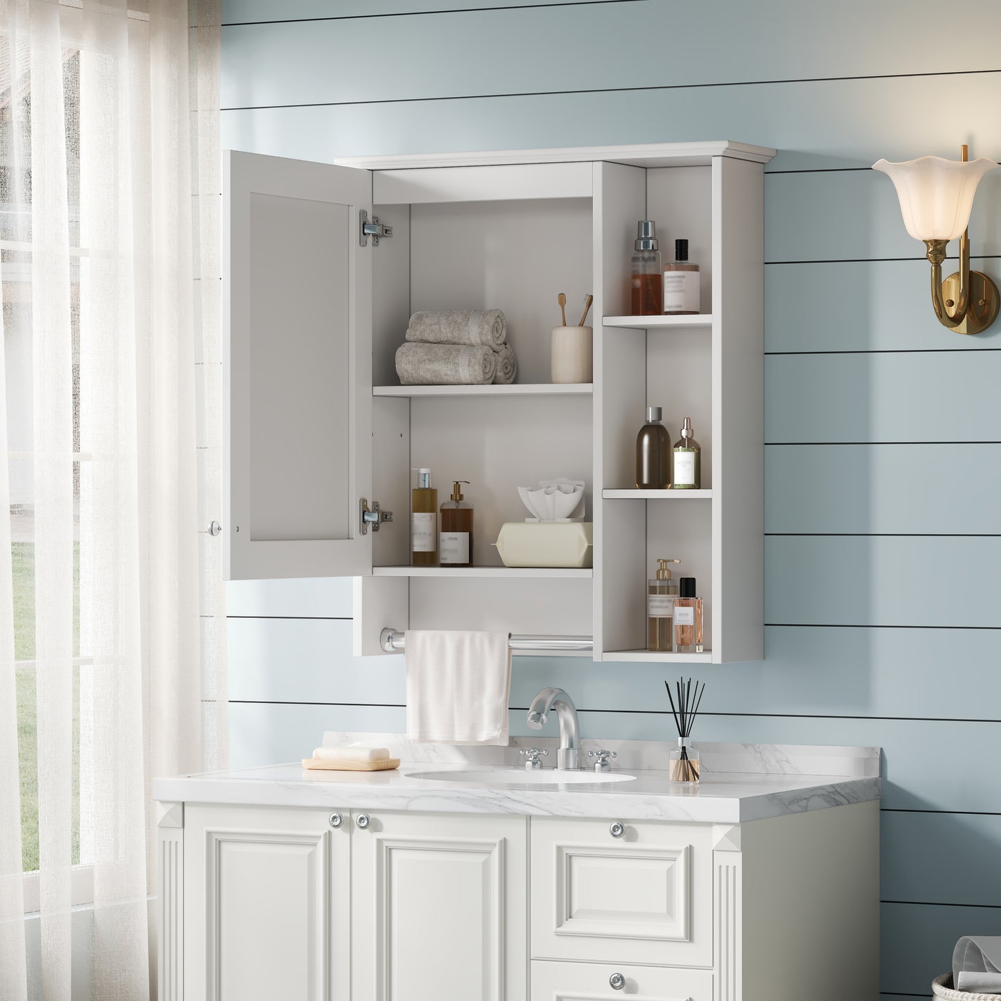 3-in-1 Bathroom Mirror Cabinet, 24-inch Wall Mounted Medicine Cabinet With Adjustable Shelf & Tower Bar, High-Definition Mirror With Storage For Bathroom Vanity
