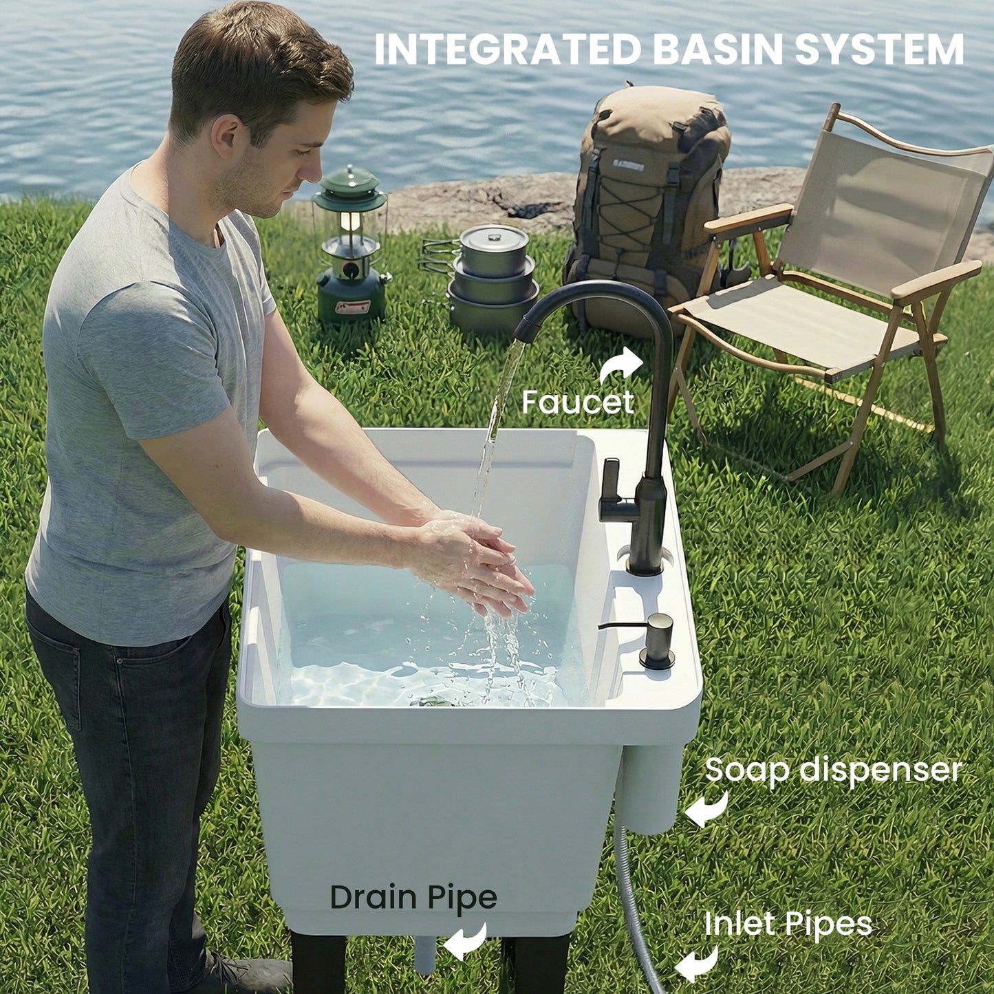 Portable 23-Gallon Utility Sink Laundry Tub for Washing Room, Freestanding Laundry Sink with Soap Dispenser, White