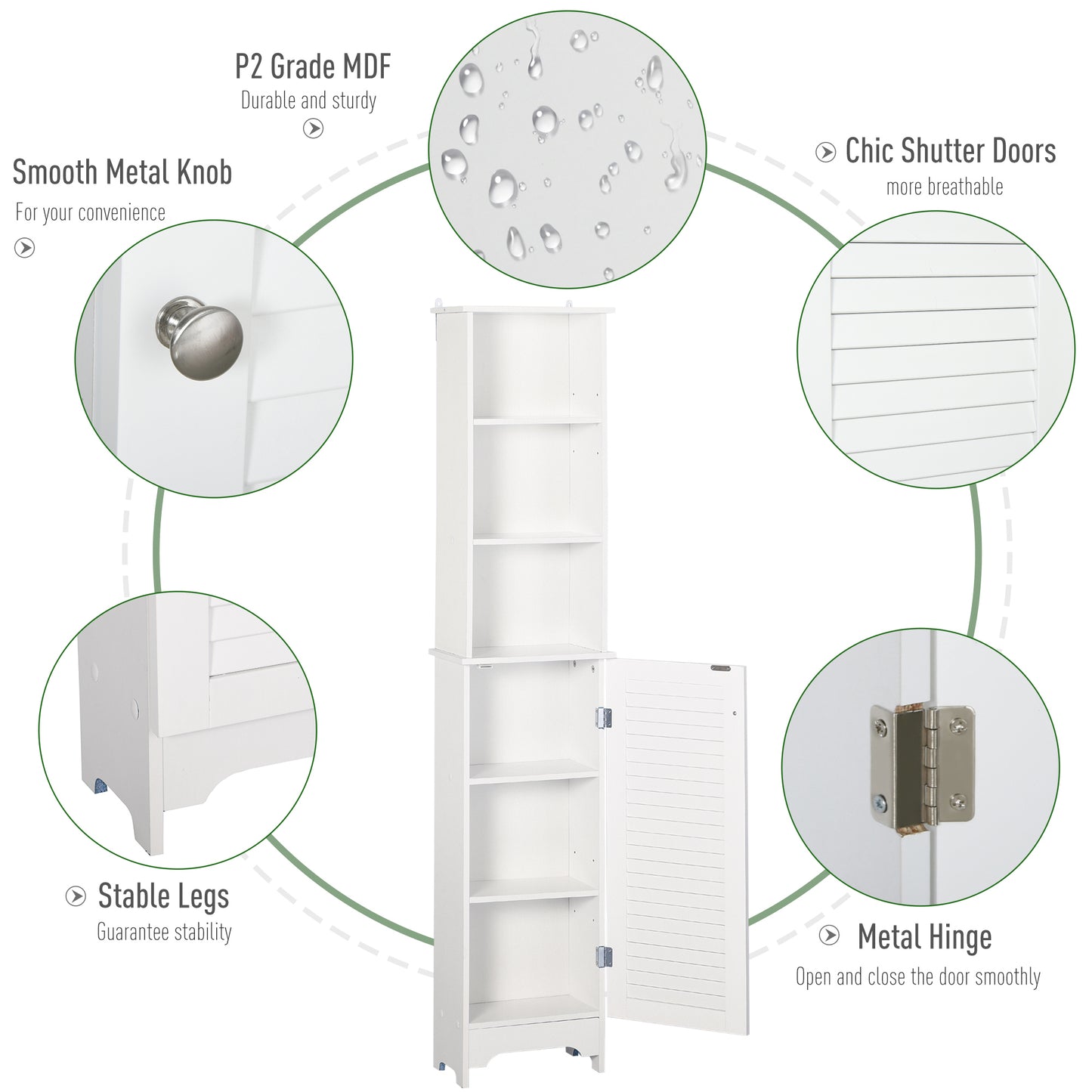 Tall Bathroom Storage Cabinet/Freestanding Linen Tower with 3-Tier Open Adjustable Shelf and Cupboard, White