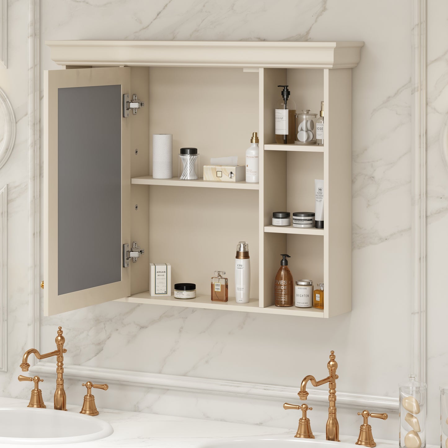 35'' X 28'' Wall Mounted Bathroom Storage Cabinet With Mirror Door, Modern Bathroom Wall Cabinet With Mirror, Medicine Cabinet With 6 Open Shelves
