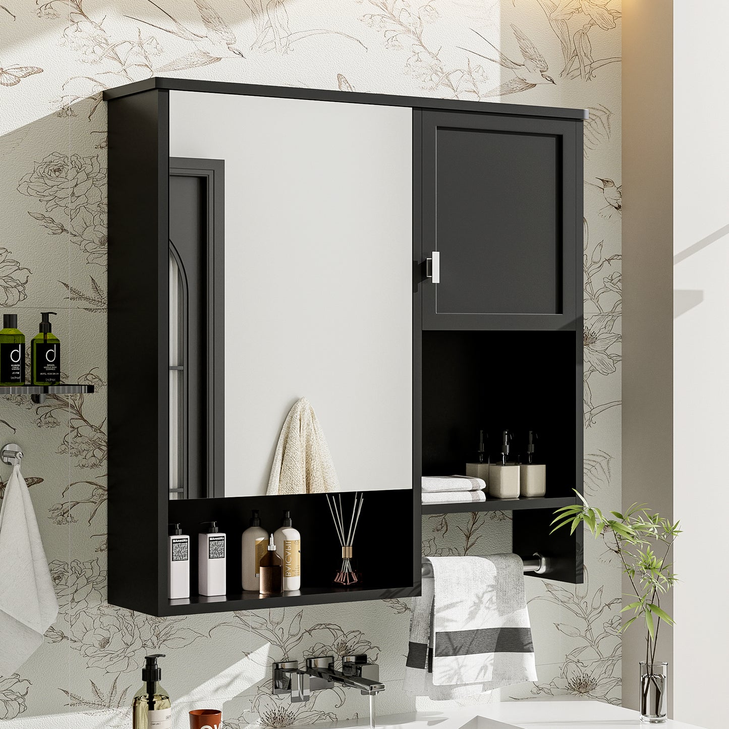29X 28 Modern Wall Mounted Bathroom Medicine Cabinet, Bathroom Wall Storage Cabinet With Mirror, Over The Toilet Space Saver Cabinet With Towels Bar