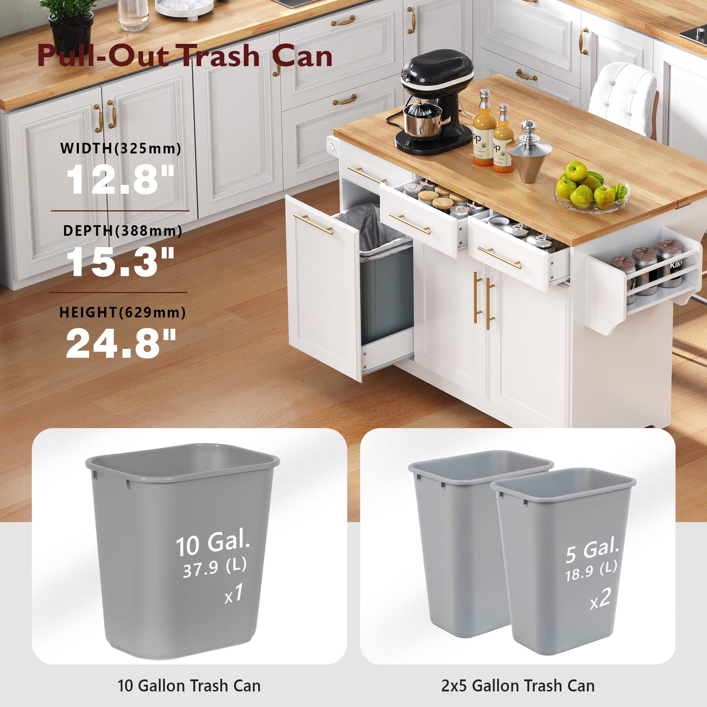 K&K 59.3  Kitchen Island With Storage 2 Pull Out Cabinet Organizers & Rubber Wood Drop Leaf, Rolling Kitchen Island With Trash Can Storage, Power Outlet, Spice & Towel Rack For Kitchen, Dining, White