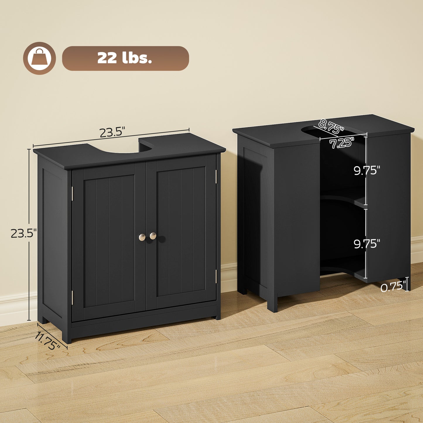 Pedestal Sink Storage Cabinet, Bathroom Sink Cabinet With U-Shape Cut-Out And Adjustable Shelf, Black
