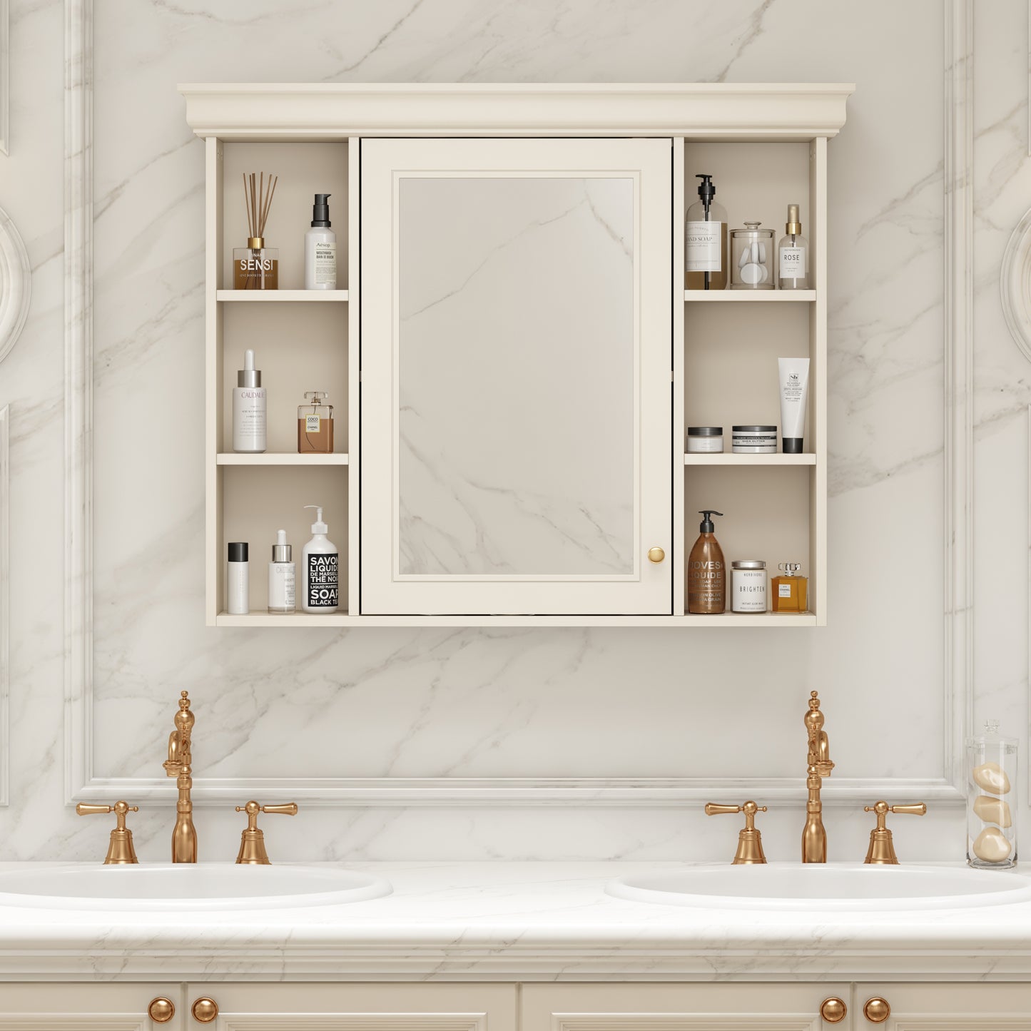 35'' X 28'' Wall Mounted Bathroom Storage Cabinet With Mirror Door, Modern Bathroom Wall Cabinet With Mirror, Medicine Cabinet With 6 Open Shelves