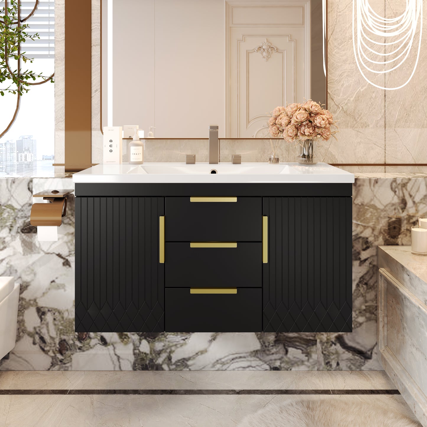 36 Wall Mounted Bathroom Vanity With Resin Sink, Floating Bathroom Storage Cabinet With 2 Drawers, Solid Wood Bathroom Cabinet