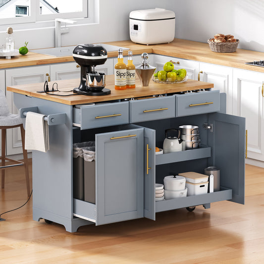 K&K 59.3  Kitchen Island With 2 Pull Out Cabinet Organizers & Rubber Wood Drop Leaf, Rolling Kitchen Island With Trash Can Storage, Power Outlet, Spice & Towel Rack For Kitchen, Dining, Grey Blue