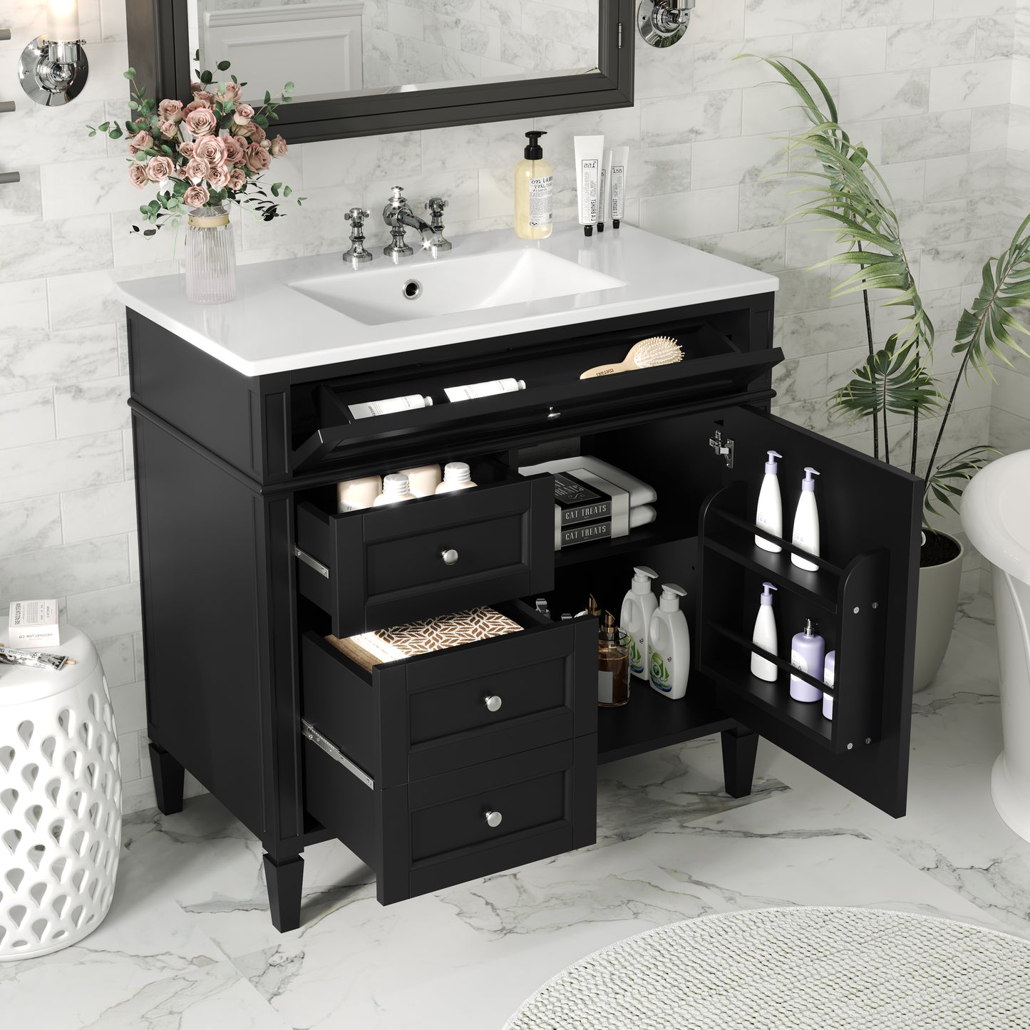 36'' Bathroom Vanity With Top Sink, Modern Bathroom Storage Cabinet With 2 Drawers And A Tip-out Drawer, Single Sink Bathroom Vanity