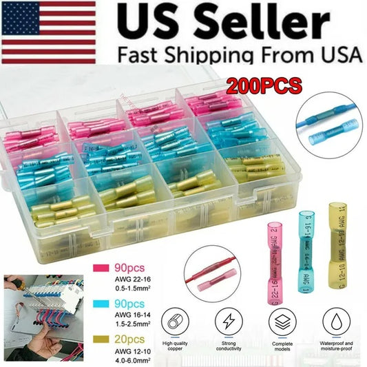 200PCS Heat Shrink Butt Wire Splice Connectors Seal Crimp Terminals USA