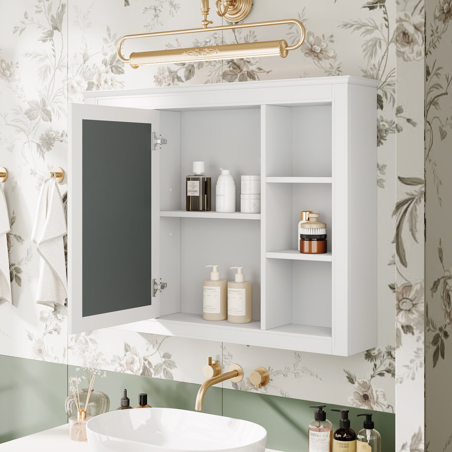 35 X 27.5 Medicine Cabinet, Wall Mounted Bathroom Storage Cabinet, Modern Bathroom Wall Cabinet With Mirror, Mirror Cabinet With 6 Open Shelves  Not Include Bathroom Vanity