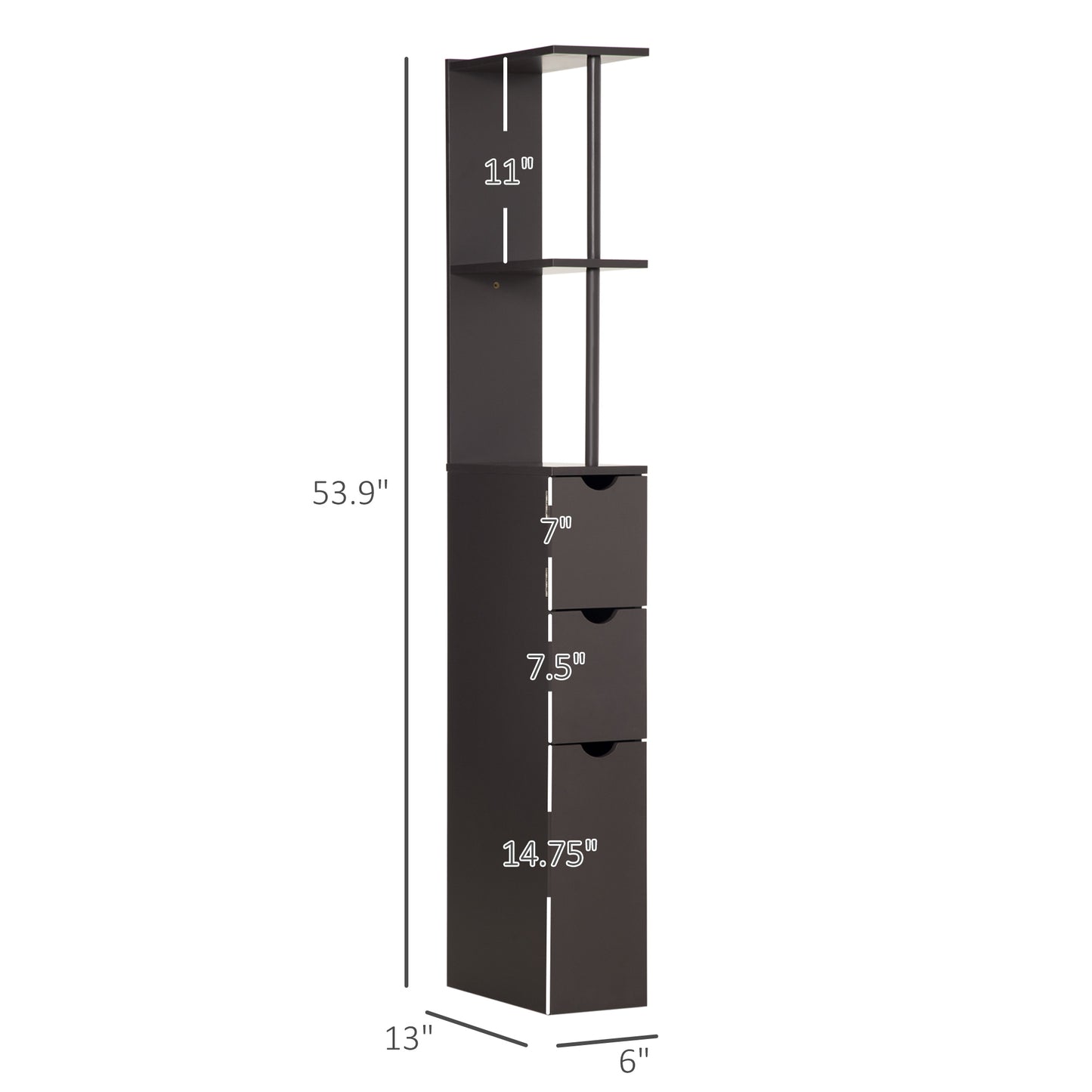 54" Tall Bathroom Storage Cabinet, Freestanding Linen Tower with 2-Tier Shelf and Drawers, Narrow Side Floor Organizer, Brown