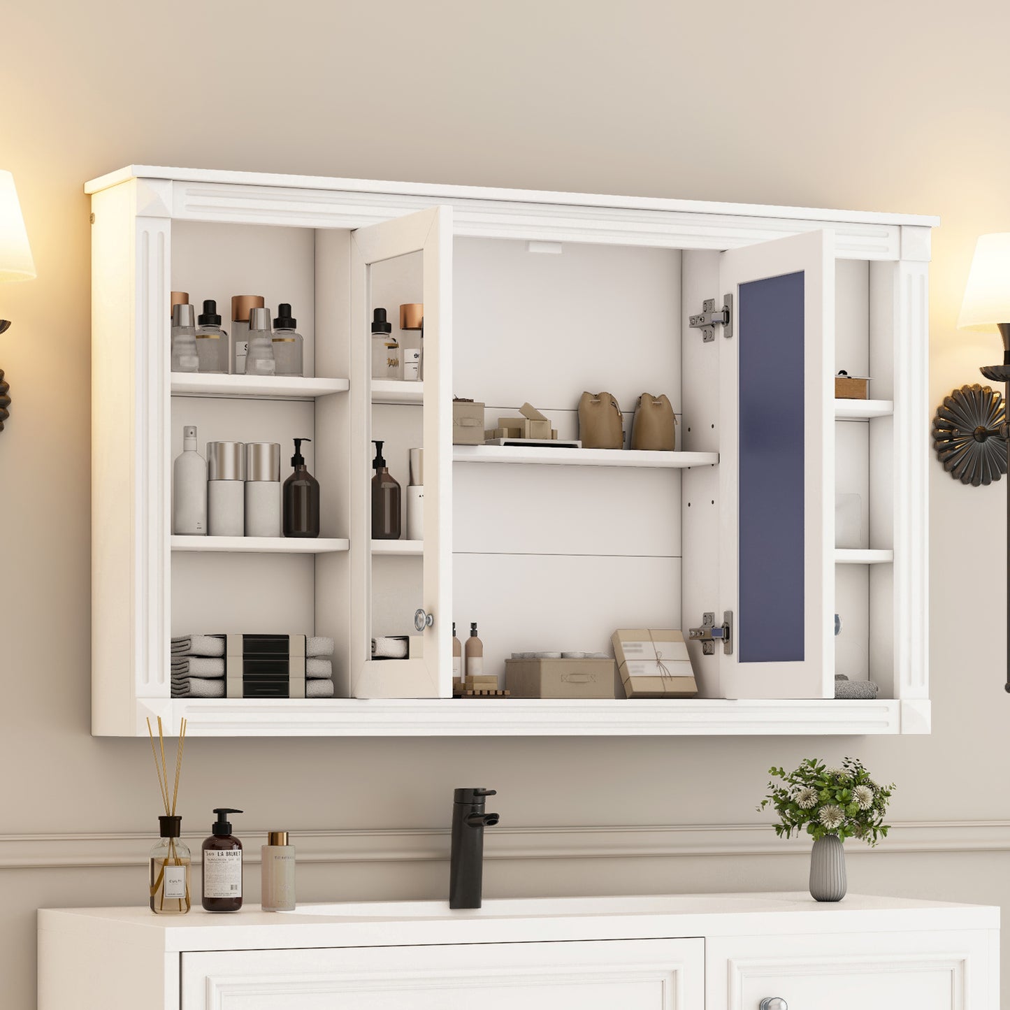 47 Inch Bathroom Mirror Cabinet With Storage, Adjustable Shelf And Open Shelves, Wall Mounted Medicine Cabinet For Bathroom, Bedroom, Vanity