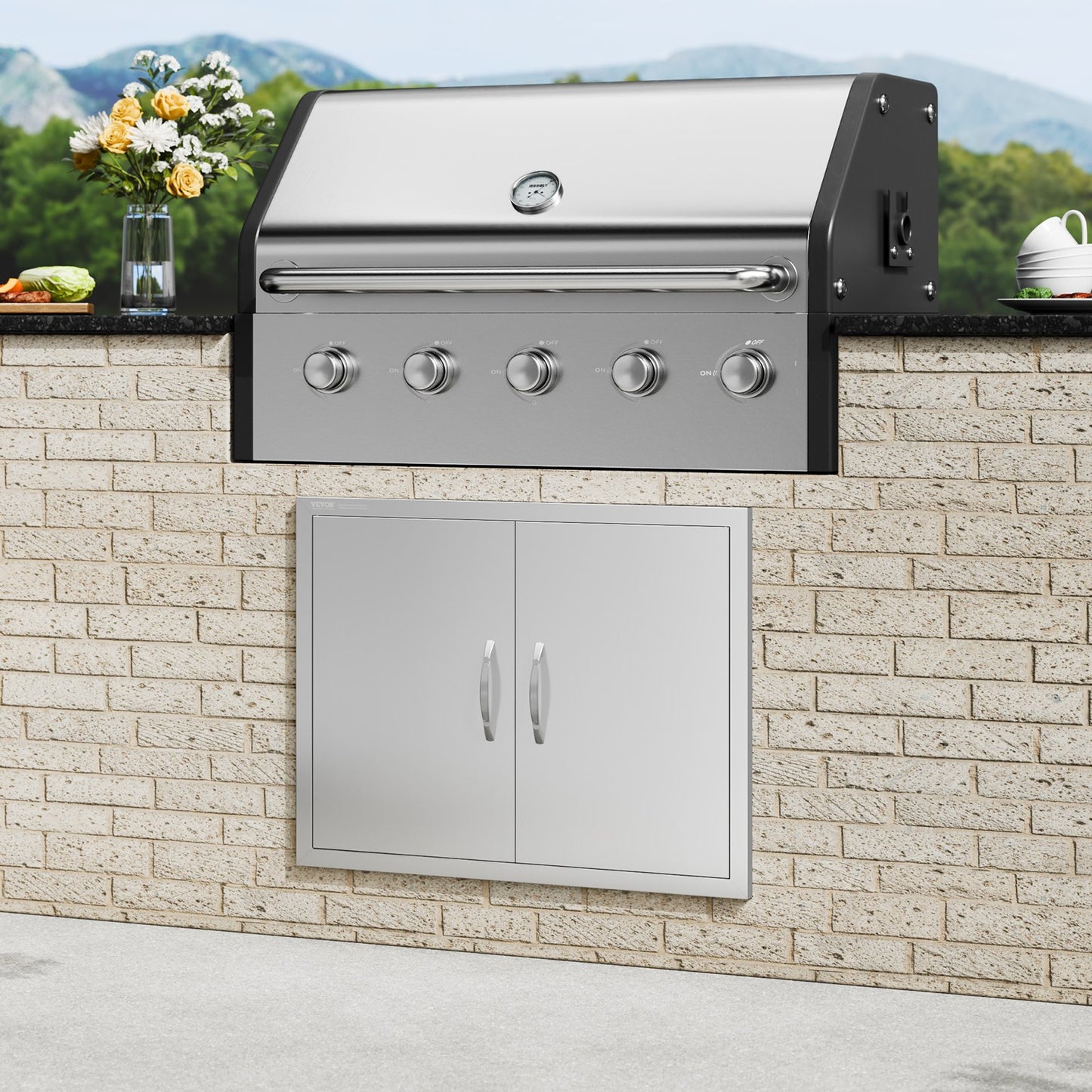 BBQ Access Door, 31W X 24H Inch Double Outdoor Kitchen Door, Stainless Steel Flush Mount Door, Double Wall Vertical Door With Handles And Hooks, For BBQ Island, Grilling Station, Outside Cabinet
