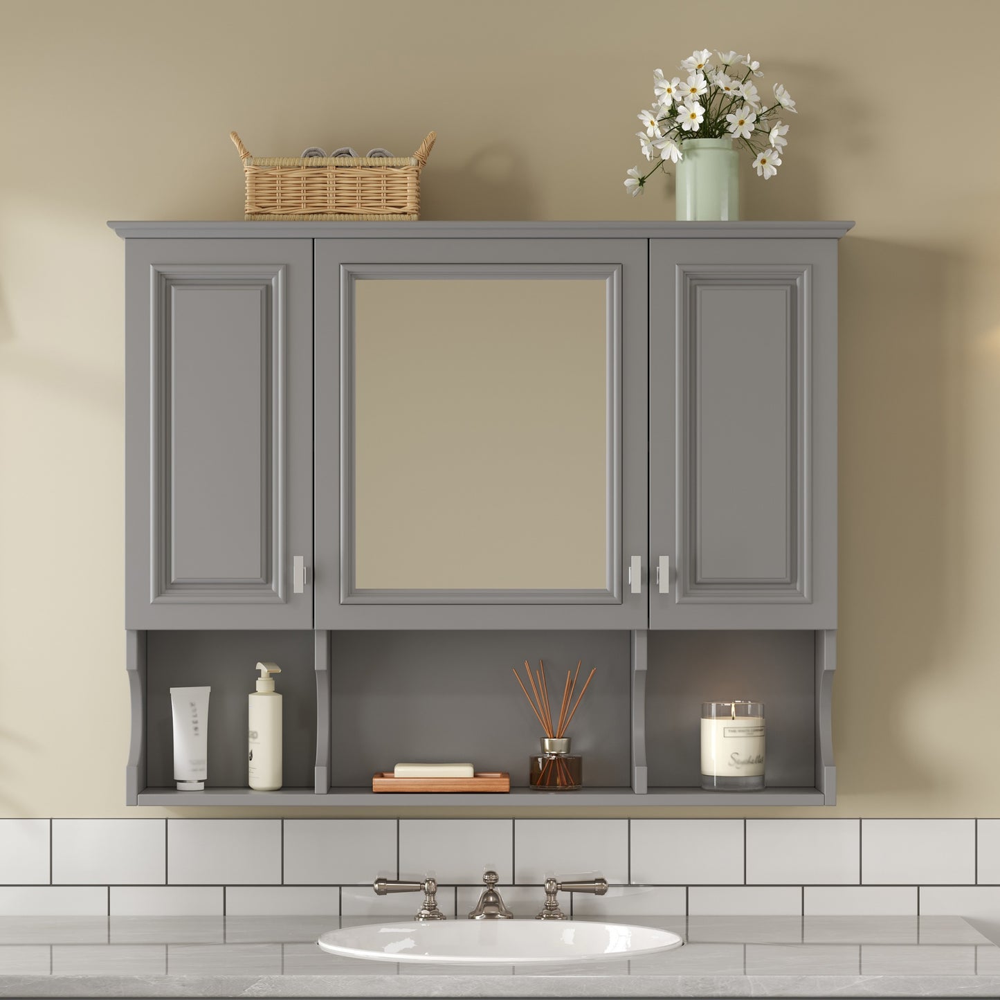 35'' X 28'' Wall Mounted Bathroom Medicine Cabinet, Modern Bathroom Wall Cabinet With Mirror,  Mirror Cabinet With Open Shelves