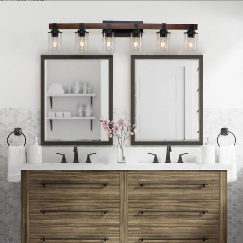 42 Inch Rustic 6-Light Vanity Light, Industrial Bathroom Wall Sconce With Glass Shades And Wood Accent, Modern Farmhouse Lighting Fixture No Bulbs