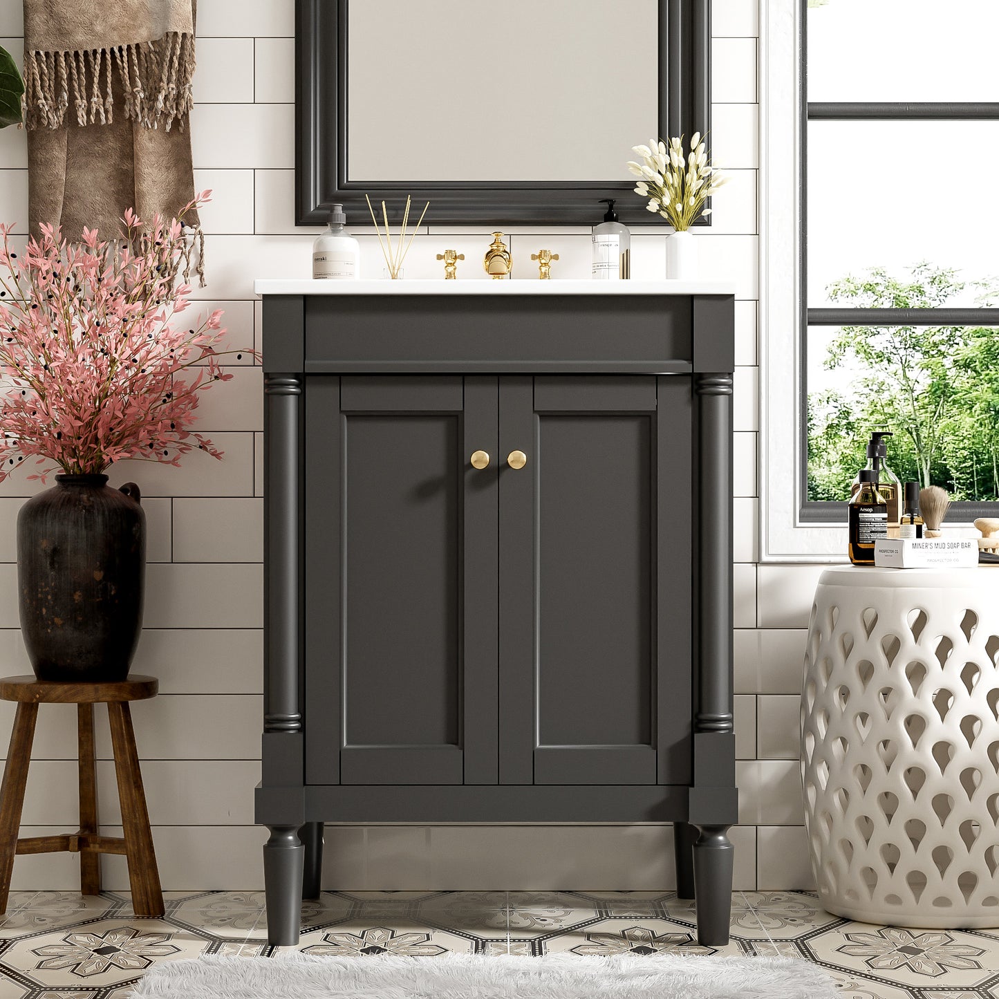 24'' Bathroom Vanity With Top Sink, 2-Tier Modern Bathroom Storage Cabinet, Single Sink Bathroom Vanity, Large Storage Shelves