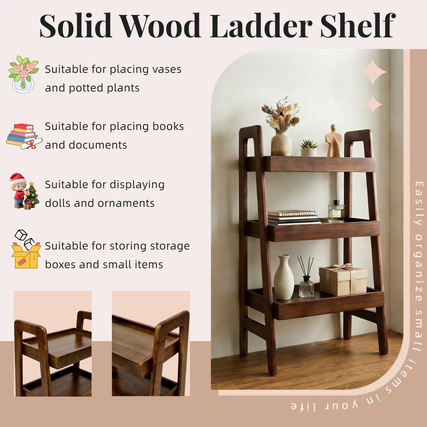 Solid Wood Ladder Shelf, 3 Tier Small Ladder Bookshelf, Freestanding Ladder Shelf With Open Storage,Side Table For Living Room, Bedroom, Study, Home Office, Saving Space, Walnut