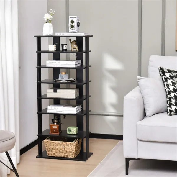 7-Tier Double-Row Shoe Rack With Adjustable Shelves, Anti-Tipping Narrow Storage Rack For Entryway Closet-Black