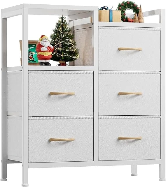 Five-drawer Fabric-paneled Wardrobe, Double-layer Shelf Storage Cabinet
