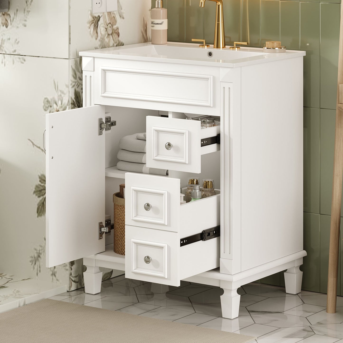 24 Bathroom Vanity With Ceramic Sink, Small Bathroom Sink Cabinet, Modern Cabinet With 2 Drawers And Adjustable Shelf