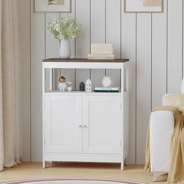 Modern Storage Cabinet With Double Doors, Free-Standing Bathroom Cabinet With Adjustable Shelf And Natural Wood Top, Multi-Purpose Organizer For Kitchen, Living Room, Bathroom Or Entryway - White
