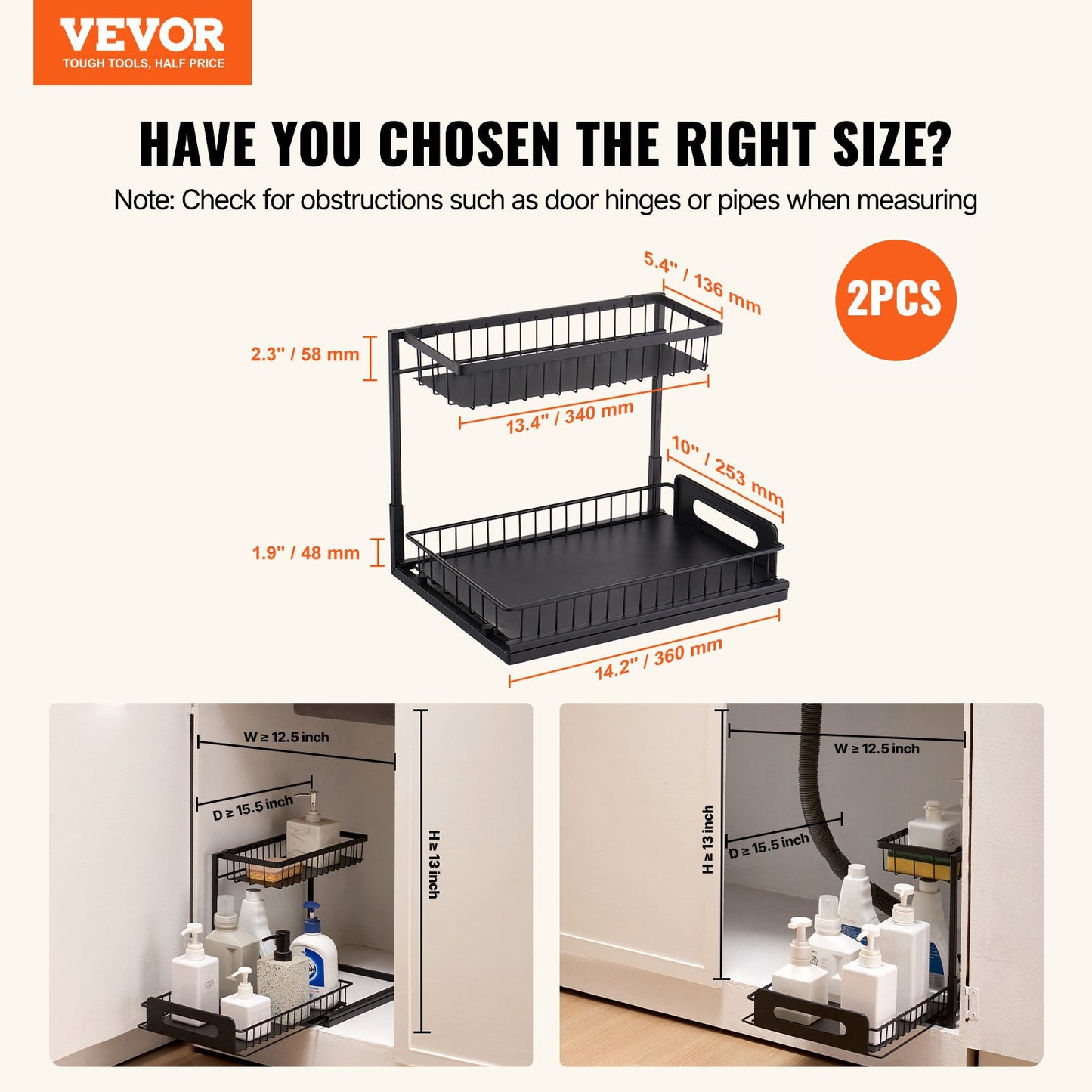 2-Tier 10.7"W X 14.2"D Pull Out Cabinet Under Sink Organizer 10.7"x14.2" Drawer Basket, 12.5"Wx15.5"Dx13"H Install Size For Cabinet