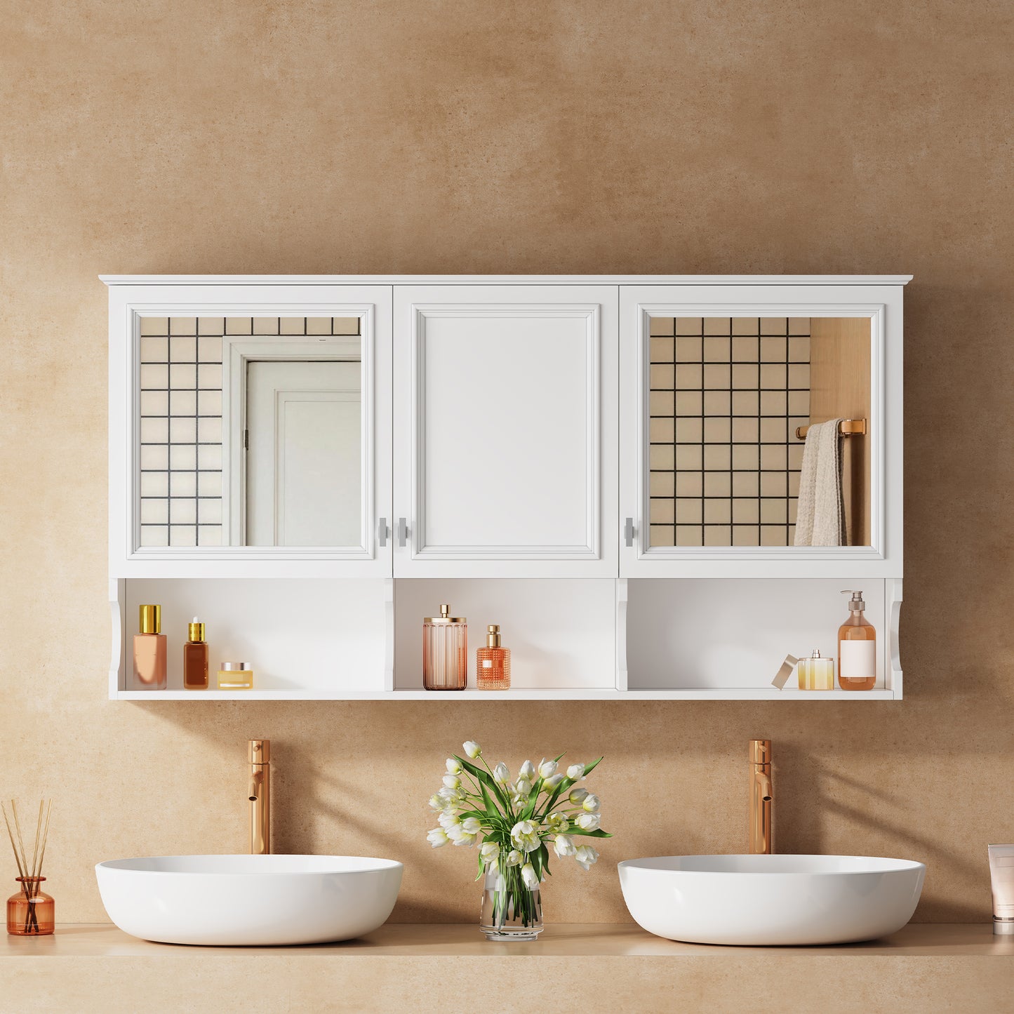 55 Inch Mirror Medicine Cabinet With Open Shelves, Wall Mounted Home Storage With Doors & Mirror, Adjustable Shelf, Bathroom Storage Cabinet Over Toilet