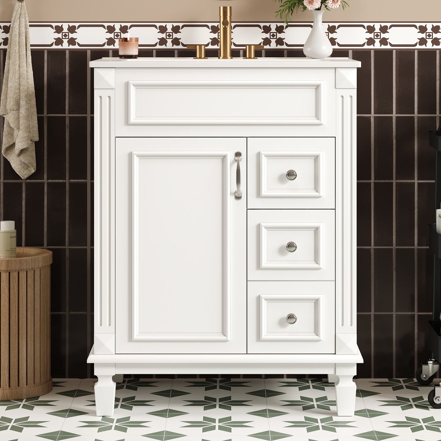 24 Bathroom Vanity With Ceramic Sink, Small Bathroom Sink Cabinet, Modern Cabinet With 2 Drawers And Adjustable Shelf