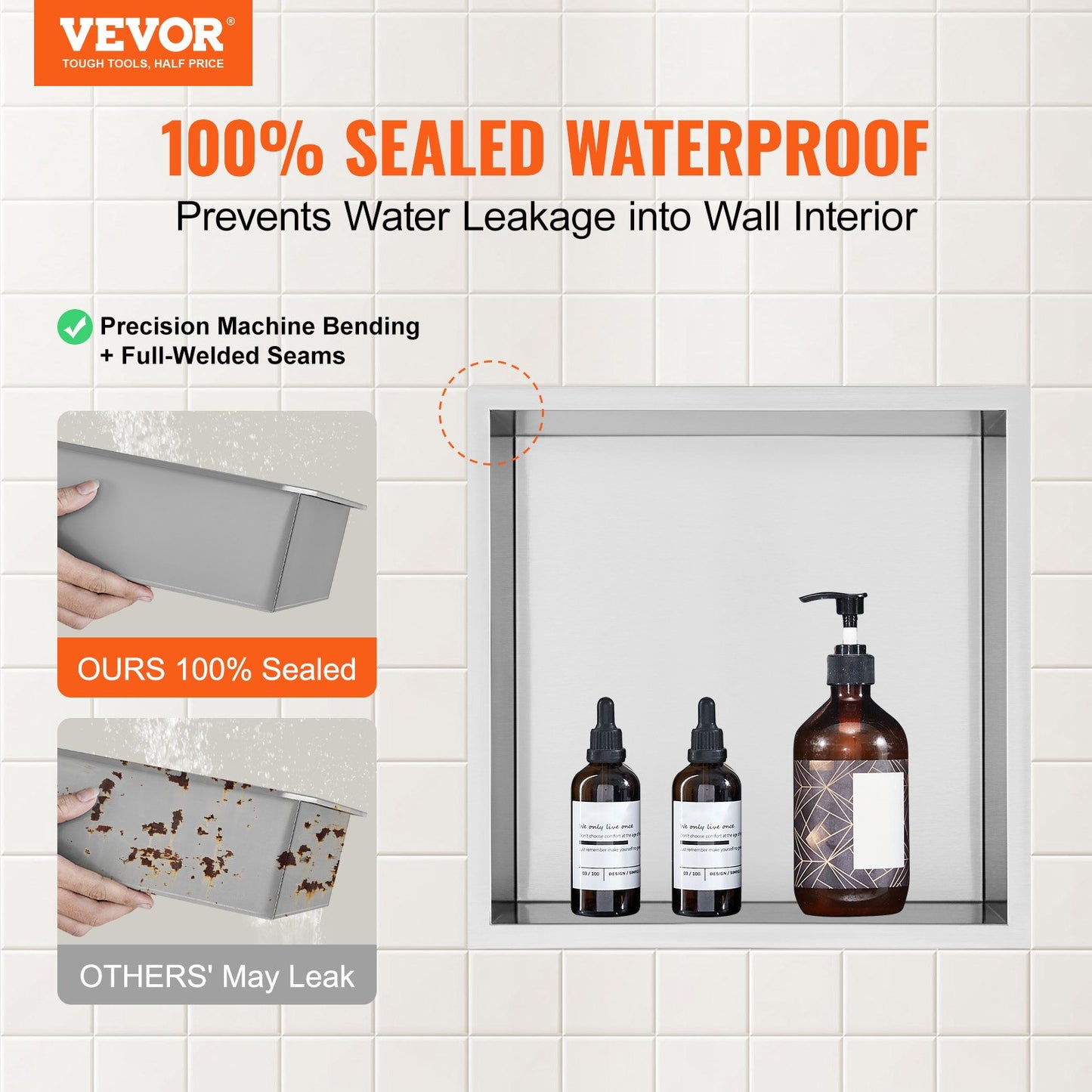 13"x13" No Tile Shower Niche 304 Stainless Steel, Wall-Inserted Niche Recessed Double Shelves, Sealed Waterproof Rust-Resistant Modern Niche For Shower Bathroom Soap Storage, Silver