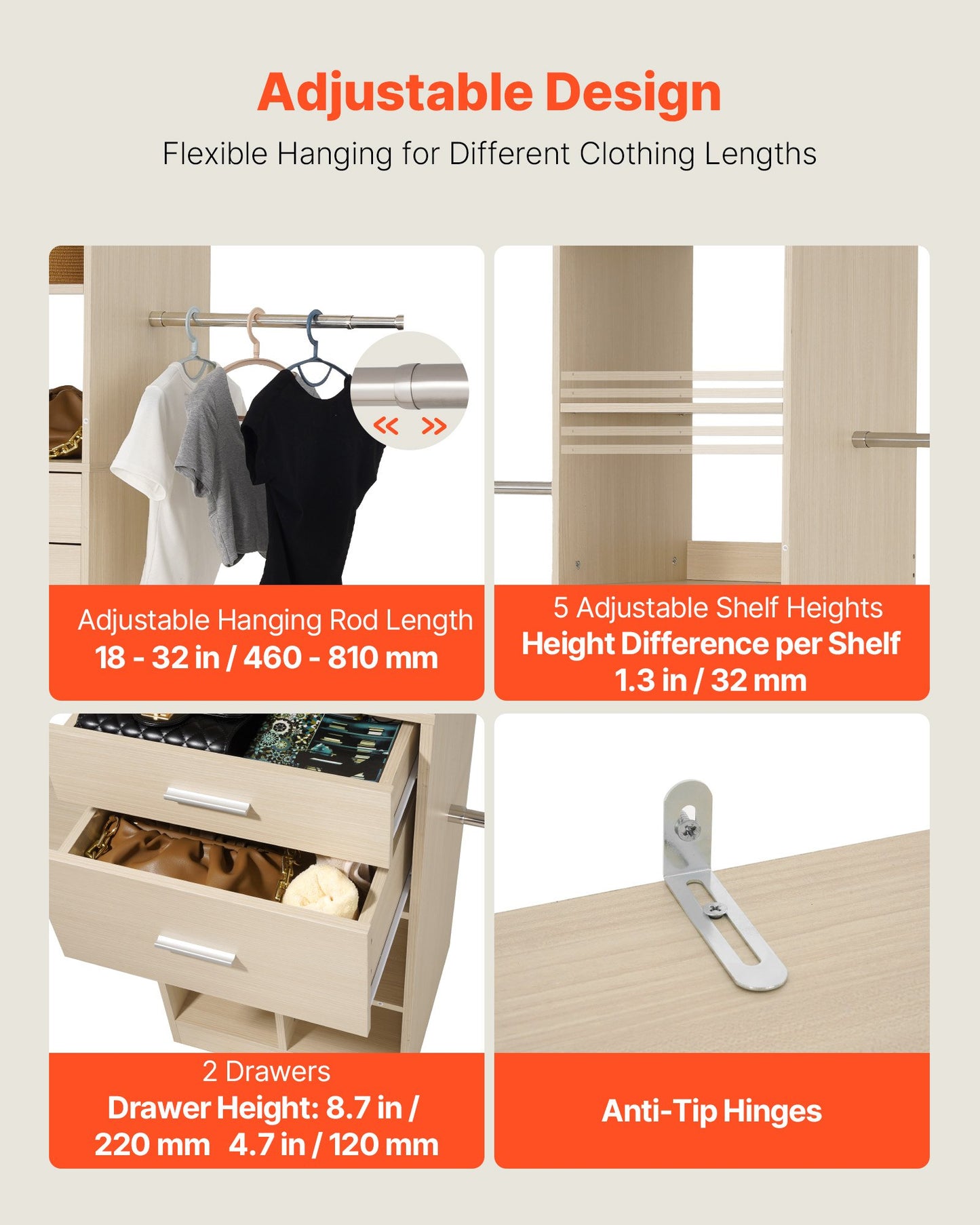 Closet System With 2 Drawers, Adjustable Height Wooden Closet Organizers, Modern Walk-in Wardrobe Organization With 5 Retractable Clothes Hanger Rods, Freestanding Garment Rack Storage, Grey