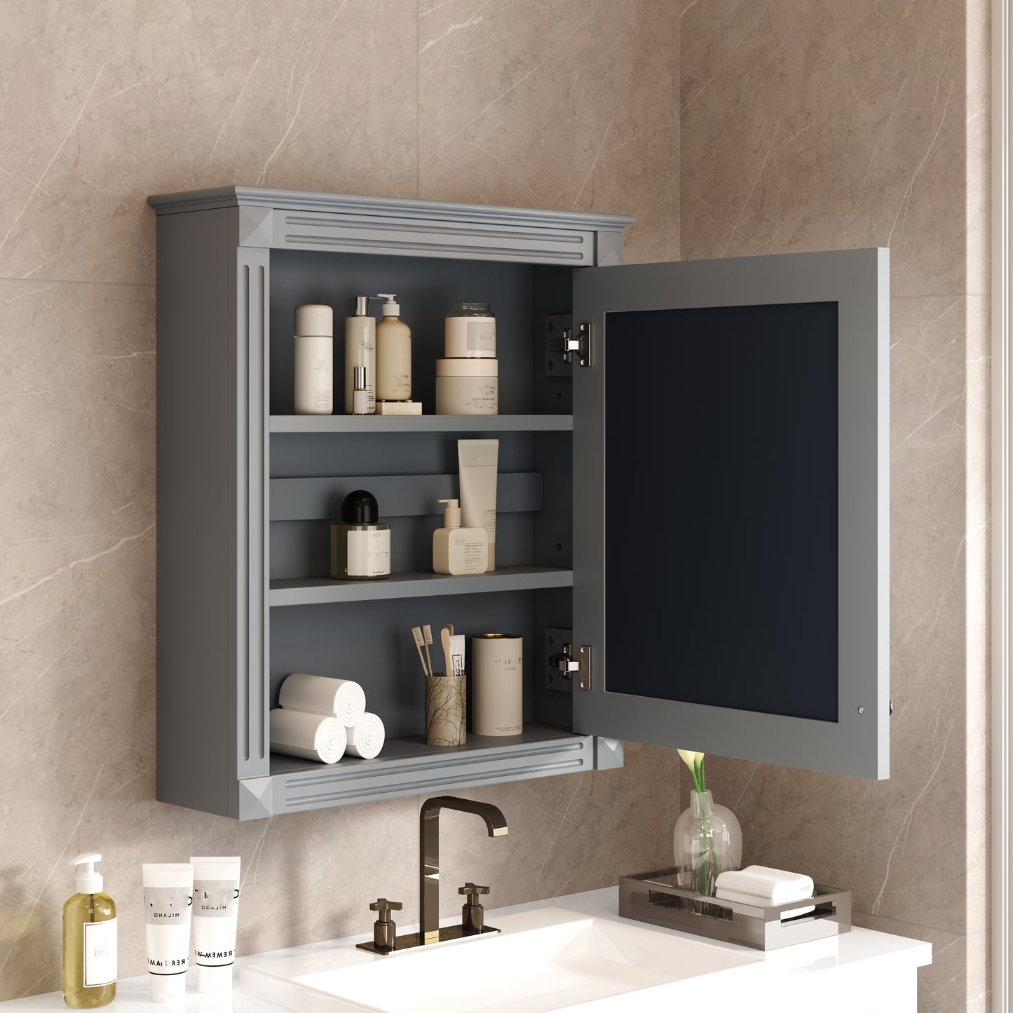 24'' X 27'' Wall Mounted Bathroom Storage Cabinet With Mirror, Medicine Cabinet With Height Adjustable Shelf, Over The Toilet Space Saver Cabinet