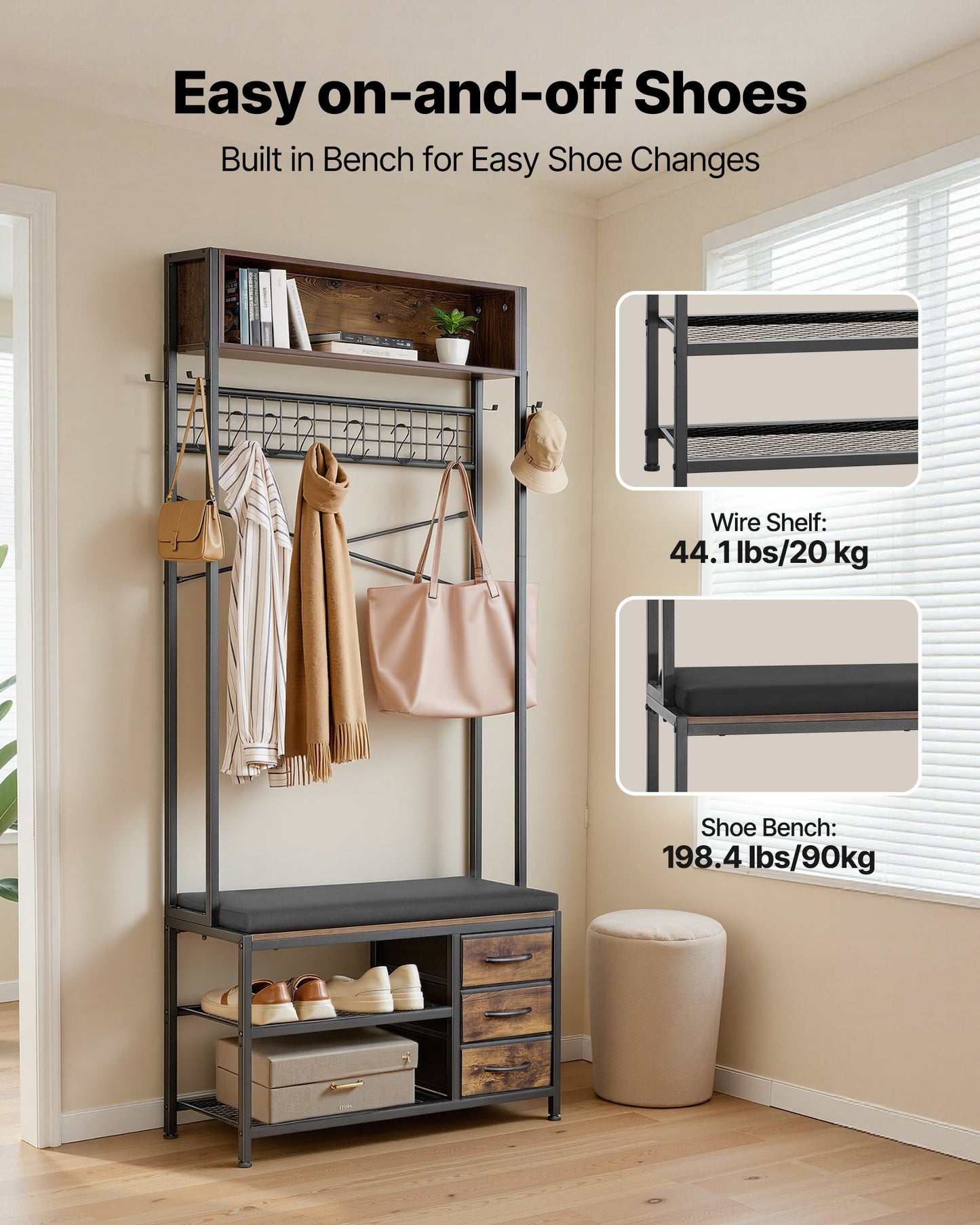 Hall Tree, 70.9 In Coat Rack With Shoe Bench & 3 Drawers, 3-in-1 Freestanding Shoe Rack Storage Organizer With Bookshelf & Wire Shelf, Steel Frame Entrance Coat Holder For Entry, Bedroom, Closet