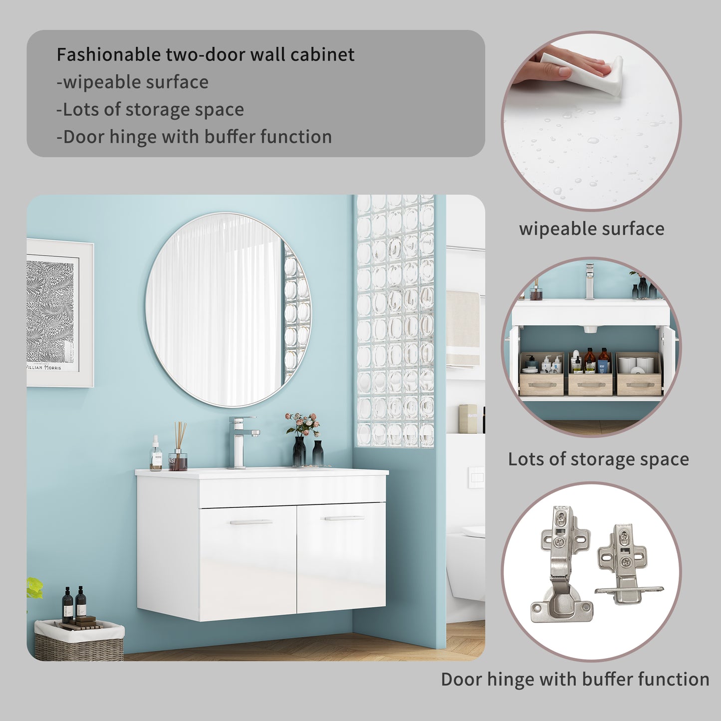 32-Inch Bathroom Vanity With Sink Combo,Wall-Mounted Bathroom Vanity With Double Doors, Wall Mount Bathroom Cabinet,,Soft Close Hinges,Long Metal Handles,Ceramic Basin,Glossy White