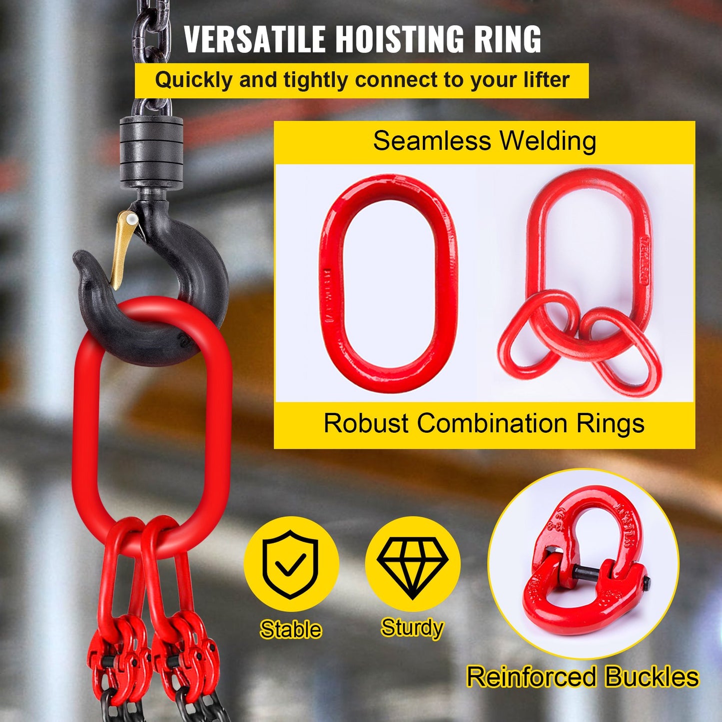 VEVOR 5Ft Chain Sling  5 Ft Engine Lift Chain G80 Alloy Steel Engine Chain Hoist Lifts 3 Ton With 4 Leg Grab Hooks