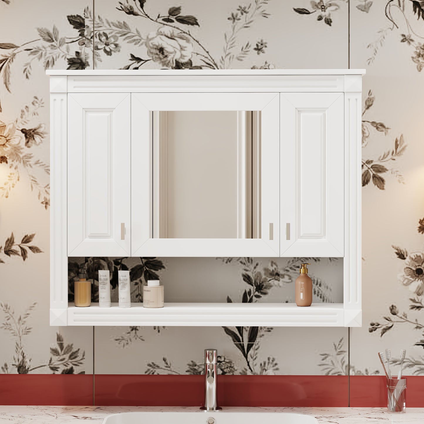 35inch Bathroom Wall Cabinet With Mirror, Wall Mounted Medicine Cabinet With Open Shelf, Mirrored Door Over Toilet Storage Cabinet, White