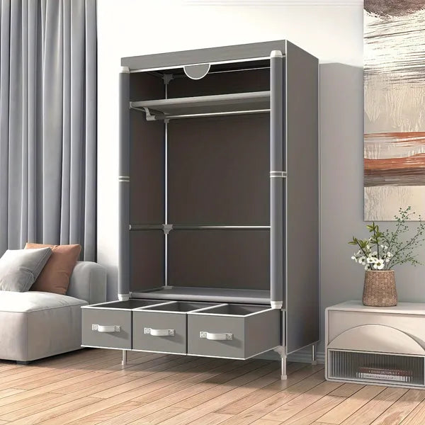 Rolling Door Wardrobe With 3 Drawers, Space Saving Closet Organizer Cabinet, Portable Fabric Storage  Rack & Tool-Free Setup, 67 Inches Height, Gray