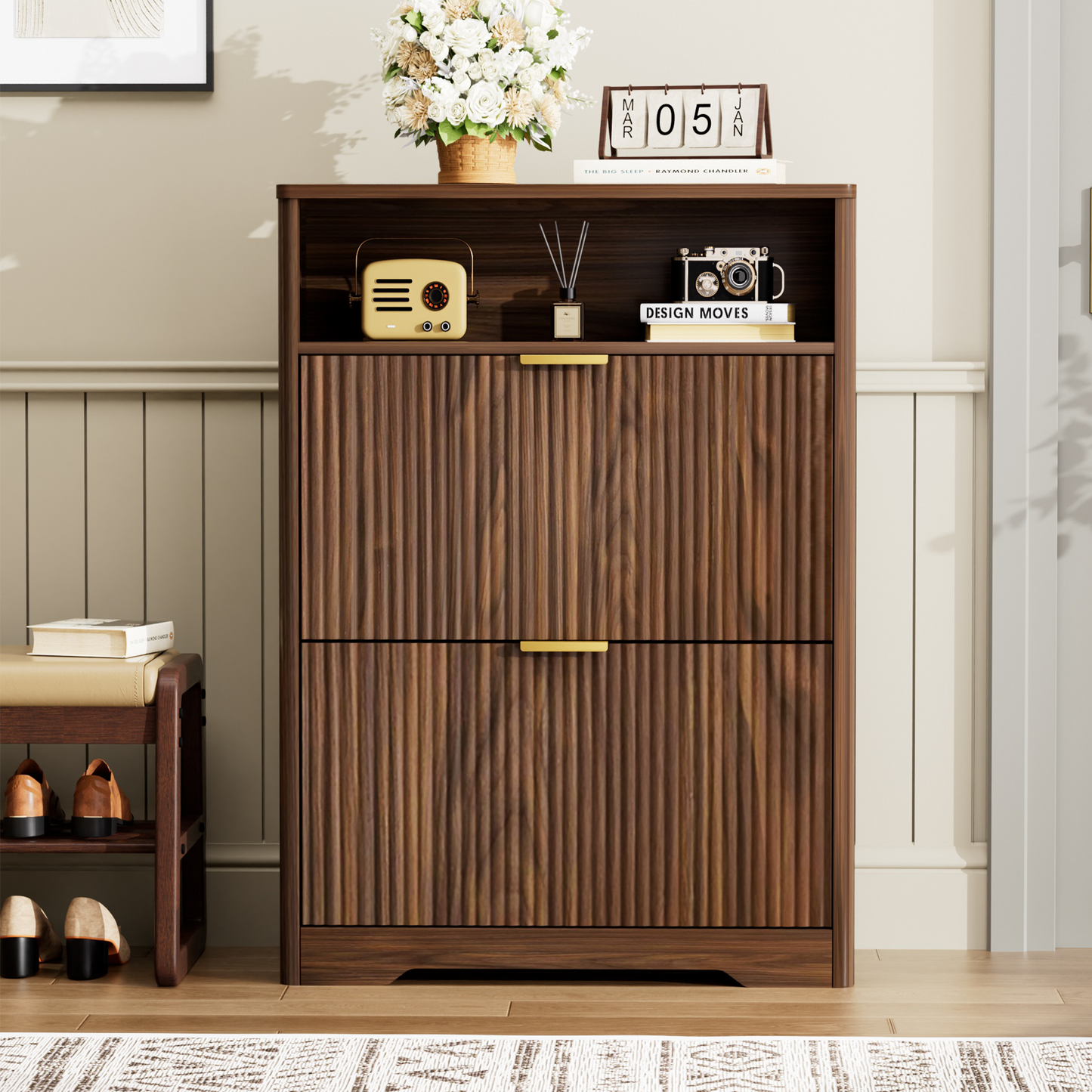 Shoe Cabinet Storage For Entryway Hidden Shoes Storage Cabinet With 2 Flip Drawers, Tall Free Standing Shoe Organizer Rack For Foyer, Hallway. Walnut,31.6  L X 9.6  W X 40  H.