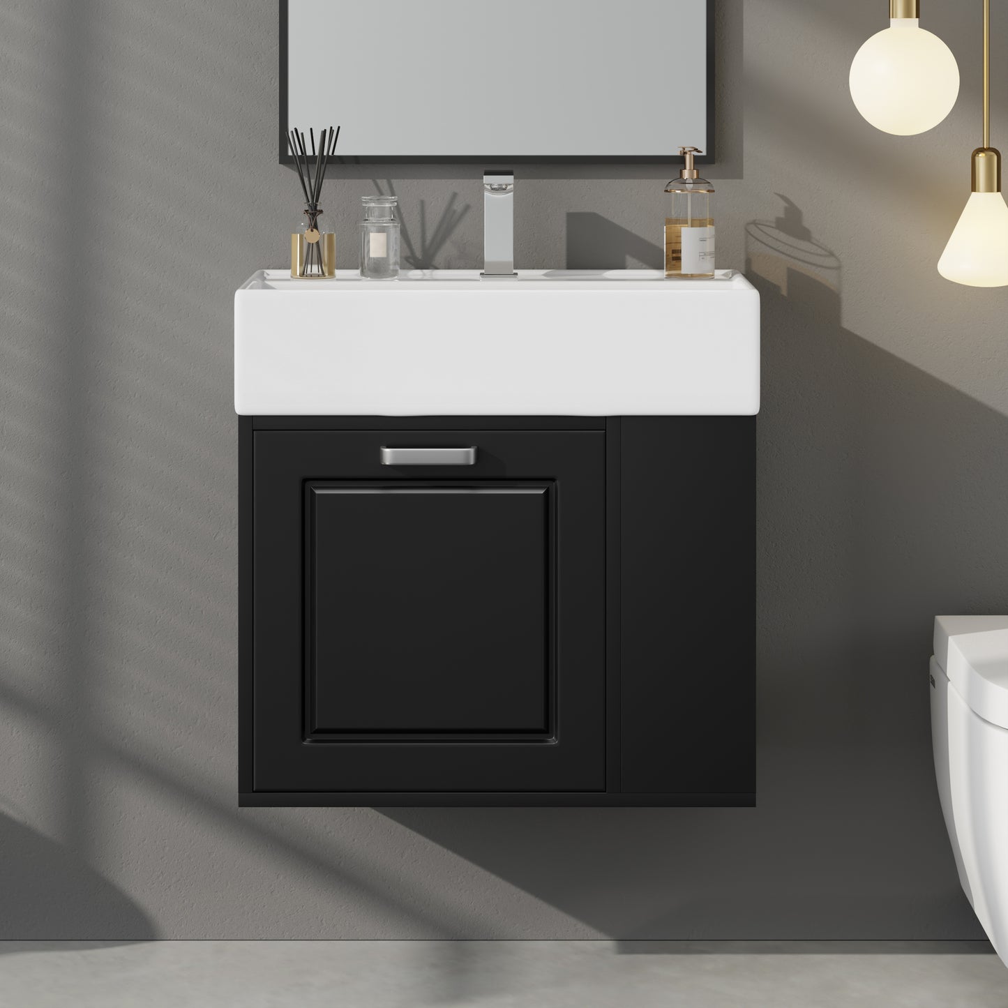 21.8 Inch Bathroom Vanity With Sink, Wall Mounted Floating Cabinet, One Big Drawer, Adjustable Shelf, Toilet Paper Holder, Soft-Close System, Black