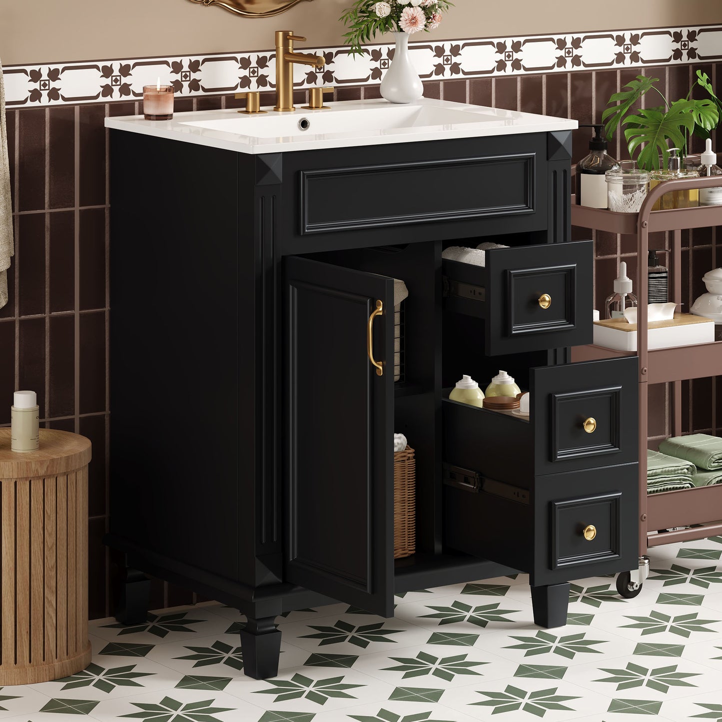 24 Bathroom Vanity With Ceramic Sink, Small Bathroom Sink Cabinet, Modern Cabinet With 2 Drawers And Adjustable Shelf