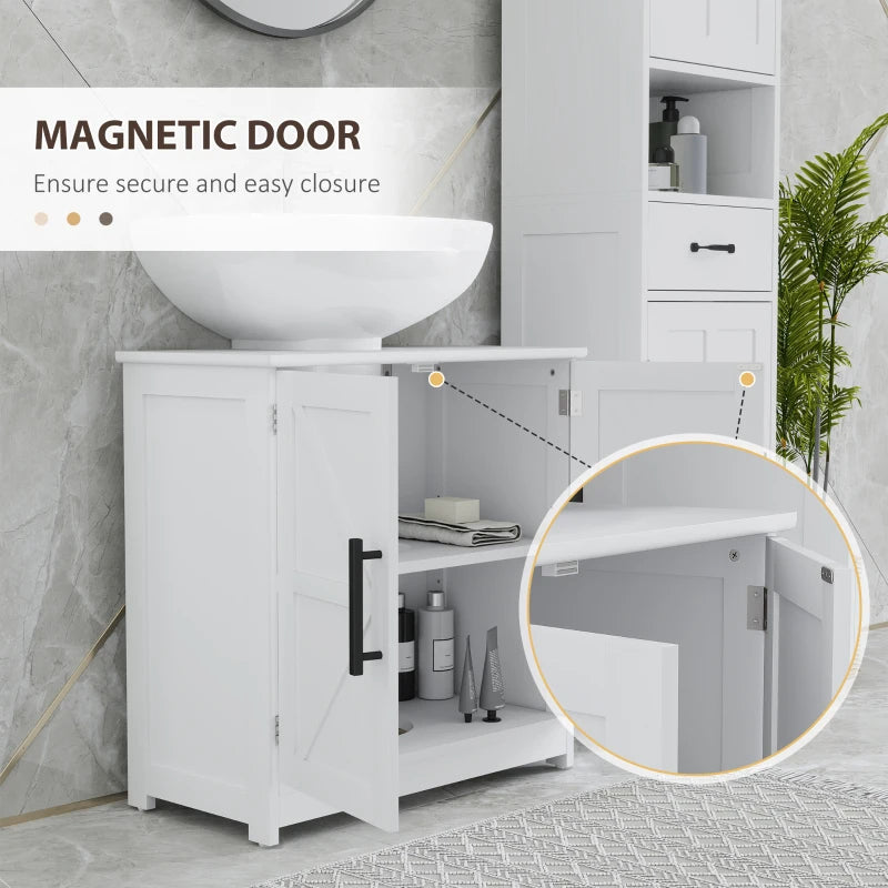 Farmhouse Pedestal Sink Storage Cabinet, Bathroom Sink Cabinet With 2 Barn Doors And Adjustable Shelf, White