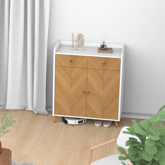 Shoe Cabinet, 4-Tier Shoe Rack Organizer With 2 Drawer, Herringbone Wooden Freestanding Shoe Storage Cabinet With 2 Door & Adjustable Shelves For Entryway Hallway  White-Natural
