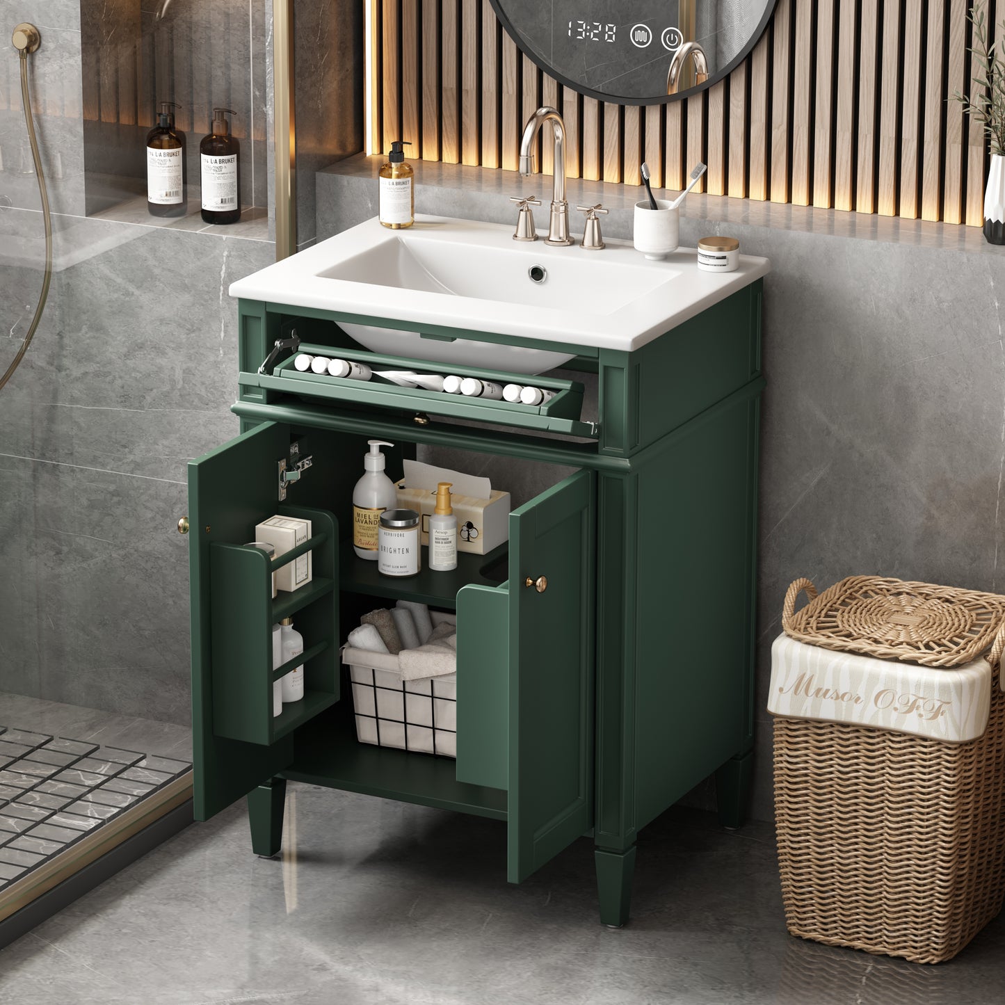 24 Bathroom Vanity With 2 Doors And Tip-Out Drawer, Bathroom Storage Cabinet With Sink, Soft-Closing Doors With Organizers