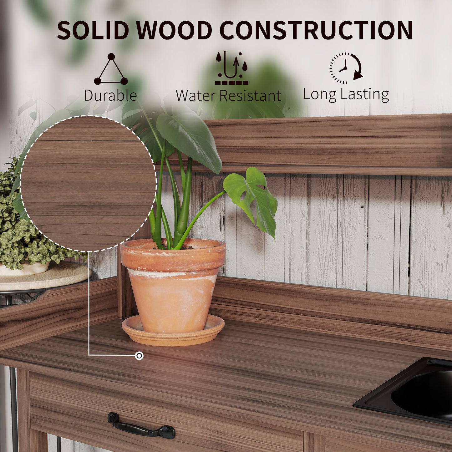 Potting Bench Table with Sink, Outdoor Work Bench Table with Storage Cabinet, Hooks, Removable Sink, Faucet and Drawer for Greenhouse, Garden, Patio, Dark Brown