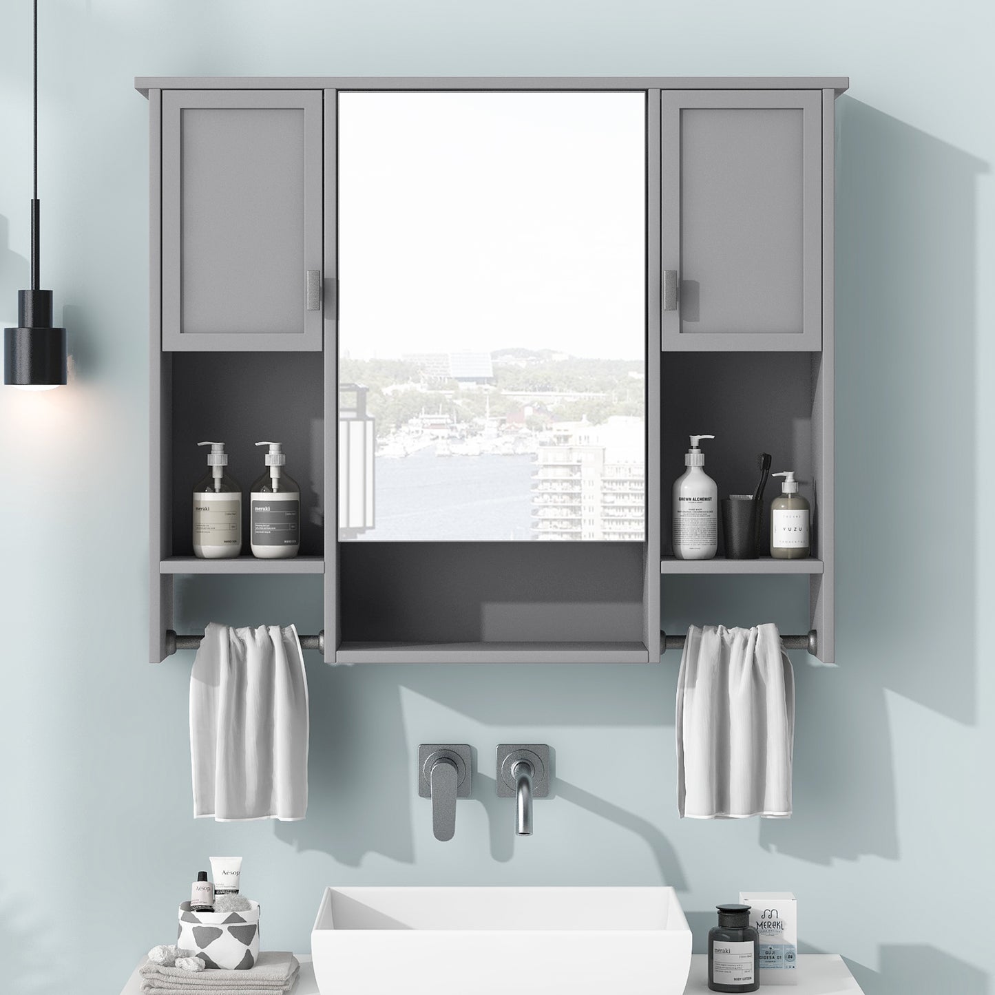 35'' X 28'' Modern Wall Mounted Bathroom Storage Cabinet, Bathroom Wall Cabinet With Mirror, Medicine Cabinet With Towels Bar