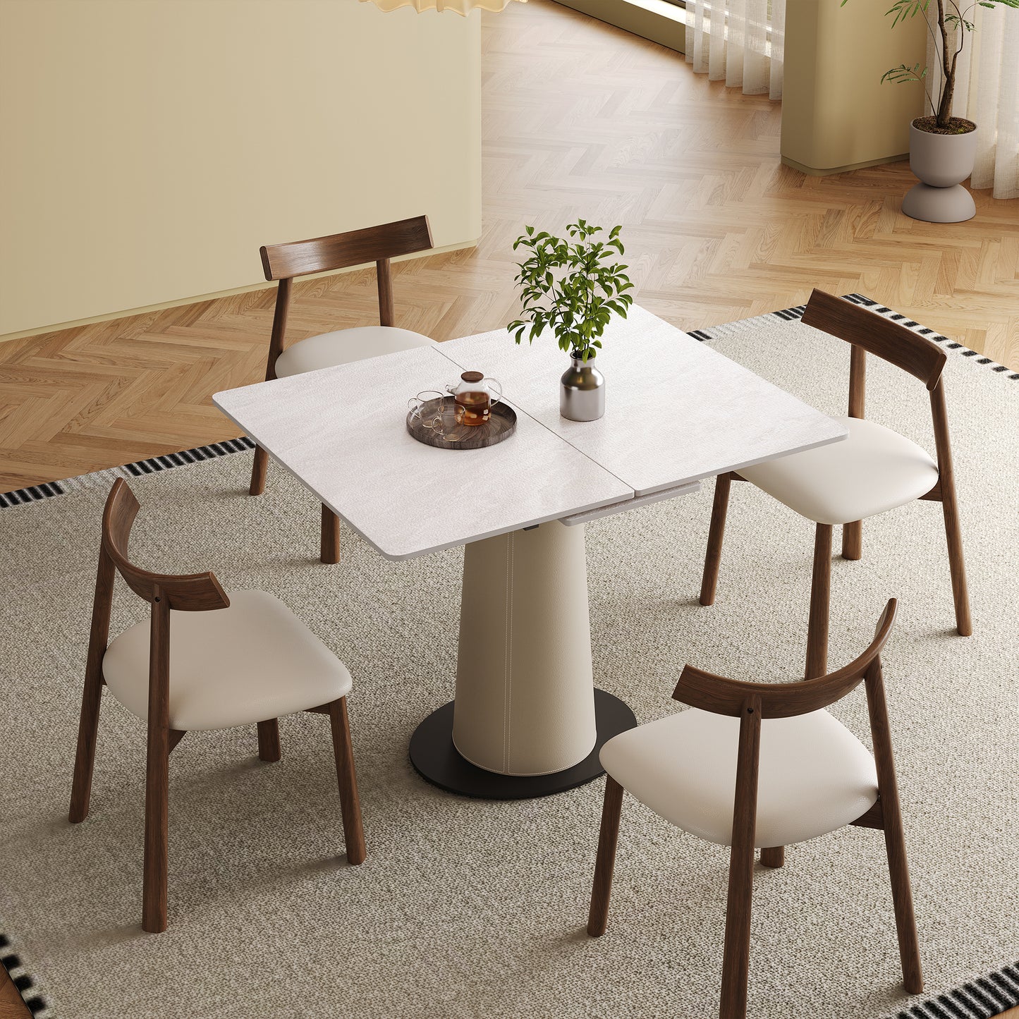 Retractable Rock Slab Dining Table Set  Modern 5-Piece Expandable Table With 4 Wooden Leg Chairs & Leather-Wrapped Base  Space Saving Kitchen Set For Small Apartments